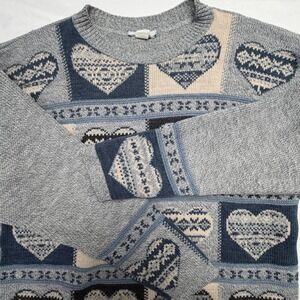 Vintage 90s Heart Patchwork Knit Sweater Blue Grey Crewneck Medium USA